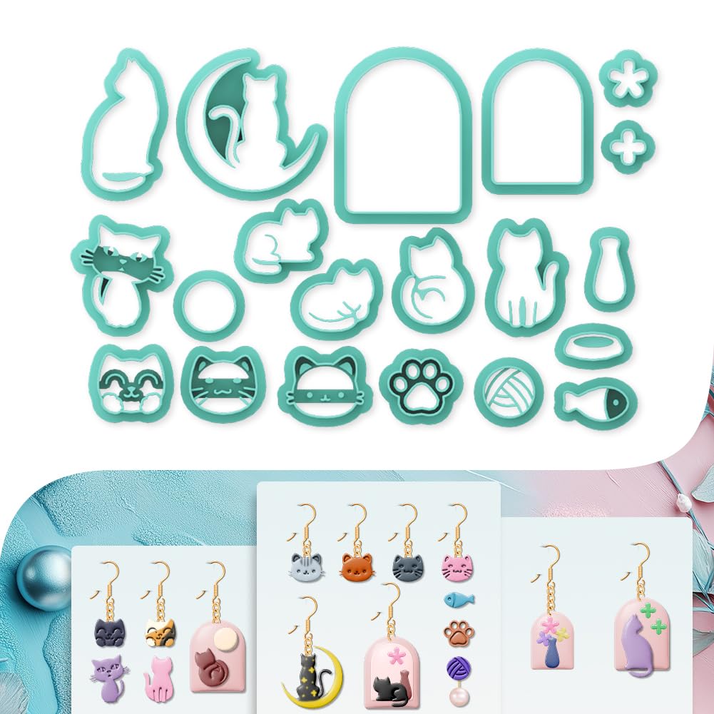 Lot de 20 emporte-pièces en argile polymère Formes chat, lune, chaton Bijoux en polymère pour boucles d'oreilles Fête d'anniversaire