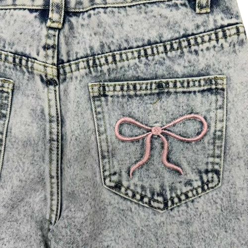 Girls Bow Jeans,Embroidered Cute Bow Baggy Y2k Barrel Low Rise Jeans Straight Wide Leg Boyfriend Denim Pants for Women4