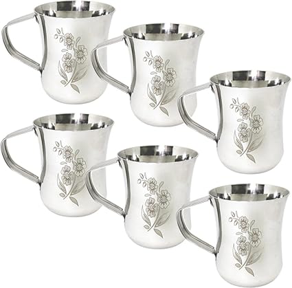 S.R.B.B Stainless Steel Tea/Coffee Cup Set, 200 ml, Set of 6, Silver and Gold Design