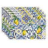Lemon Tiles Placemat Set of 6, 12x18 Inch Watercolor Spring Summer Yellow Lemon Blue Ceramic Leaves Seasonal Retro Farmhouse Table Mats for Indoor Outdoor Party Kitchen Dining Table Decoration