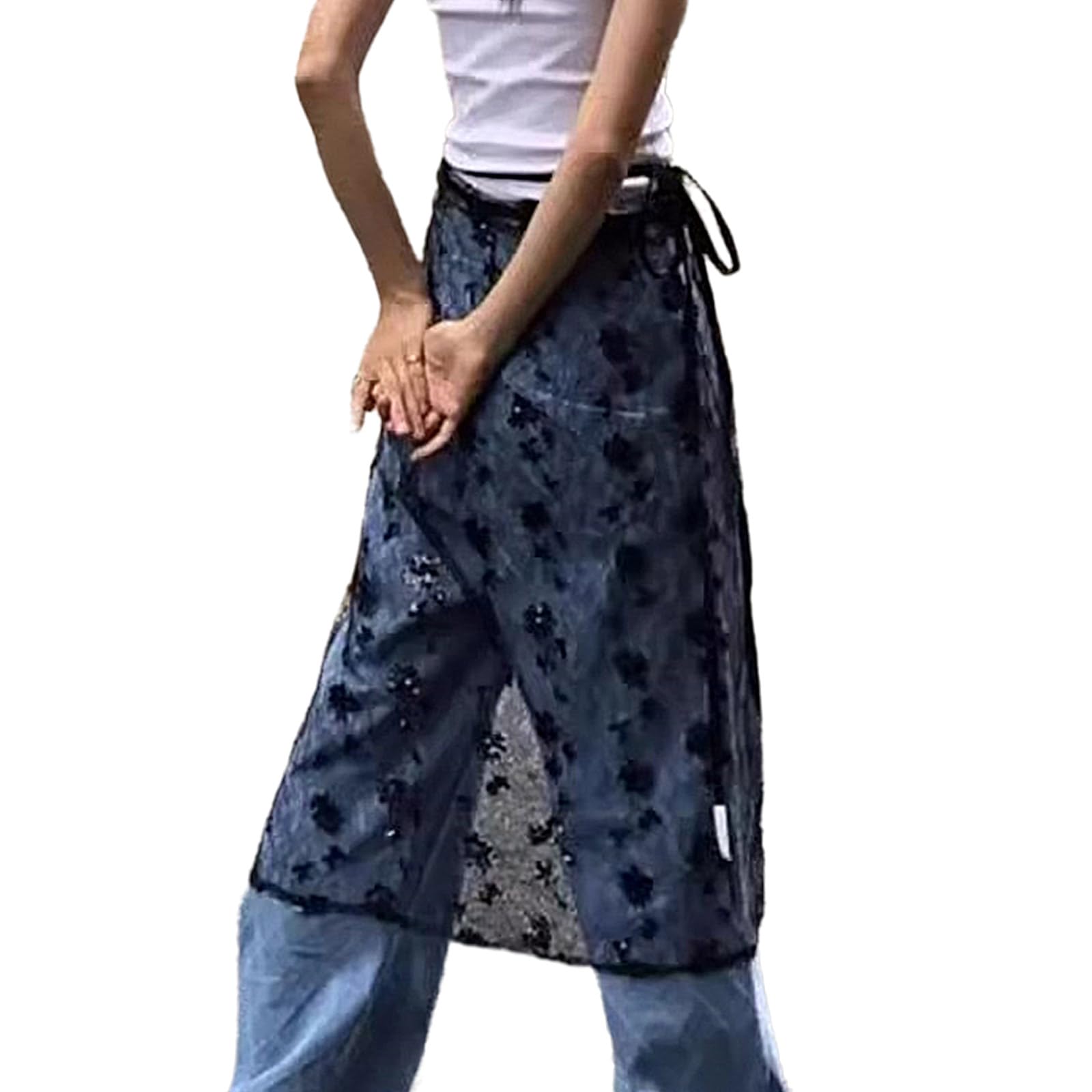 Luofeng Women's Black Sequins Skirt, Korean See Through Sequins Flower Lace Long Skirt Hip Scarf Fashion Sheer Half Apron Skirts Covering Overskirt