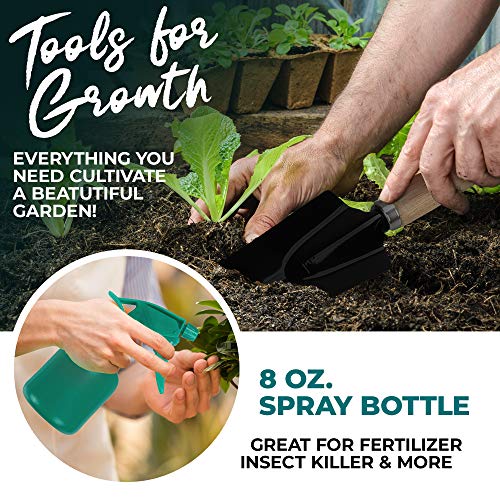 Scuddles Garden Tools Set - 8 Piece Heavy Duty Gardening Kit with Storage Organizer, Ergonomic Hand Digging Weeder Rake Shovel Trowel Sprayer Gloves Gift for Men Or Women