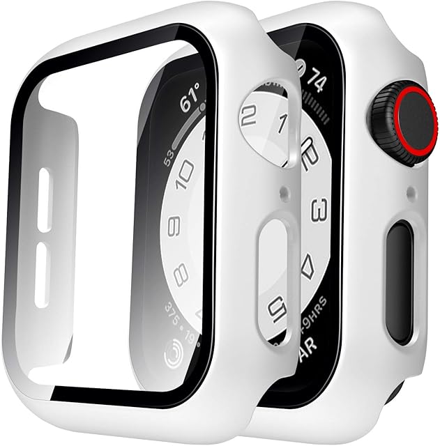 TAURI 2 Pack Hard Case Compatible for Apple Watch SE Series 6 5 4 44mm Built in 9H Tempered Glass Screen Protector Slim Bumper Touch Sensitive Full Protective Cover Compatible for iWatch 44mm - White