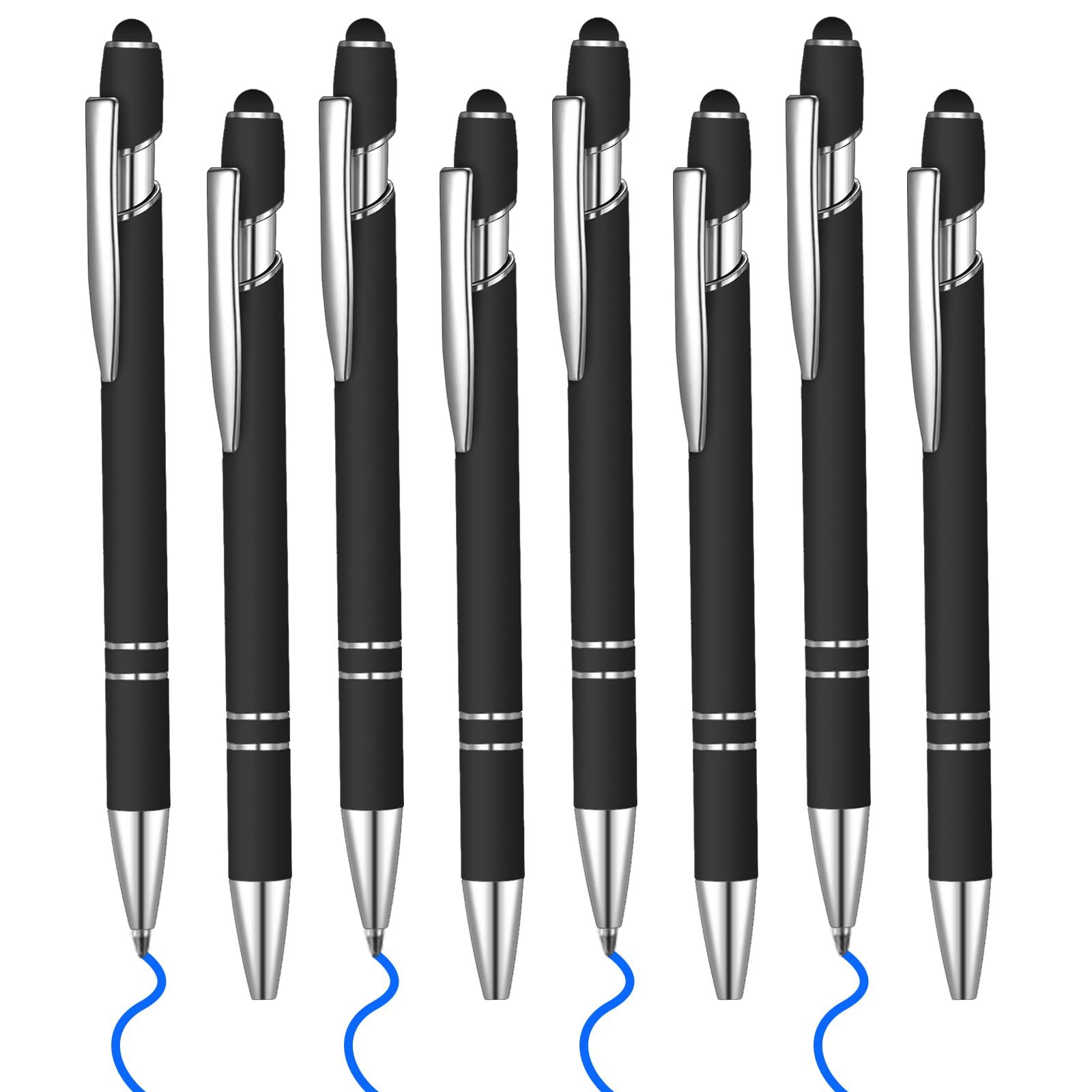 8 Pcs Blue Ink Ballpoint Pen with Stylus Tip 2 in 1 Stylus Ballpoint Pen Metal Pens Stylus Pen for Touch Screens School Office Coworkers (Black)