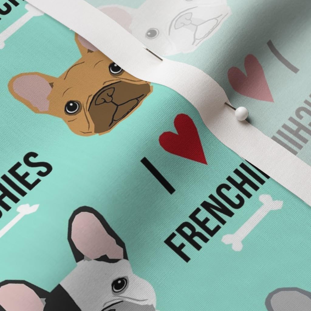 Spoonflower Fabric - Frenchie, Dog, Love, French Bulldogs, Aqua, Bulldog, Pet Printed on Cotton Poplin Fabric by The Yard - Sewing Shirting Quilting Dresses Apparel Crafts