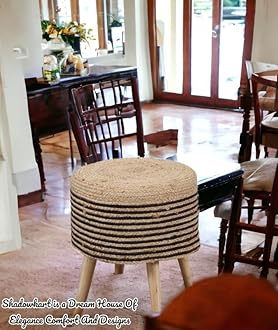 ShadowKart Sitting Solutions for Home - Wooden Frame Round Ottomans | Ottoman for Living Room Set of 2 for Sitting | Bedroom, Study & Makeup Table, 16x16x18 Inch (Combo Half-Black-Chakri)