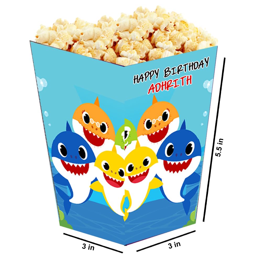WoW Party Studio Personalized Shark Under Sea Theme Popcorn Holder/Cups, Sleeves, Material - 300 GSM thick Cardstock Paper, with Birthday Boy/Girl Name Printed - 10 Pcs 4