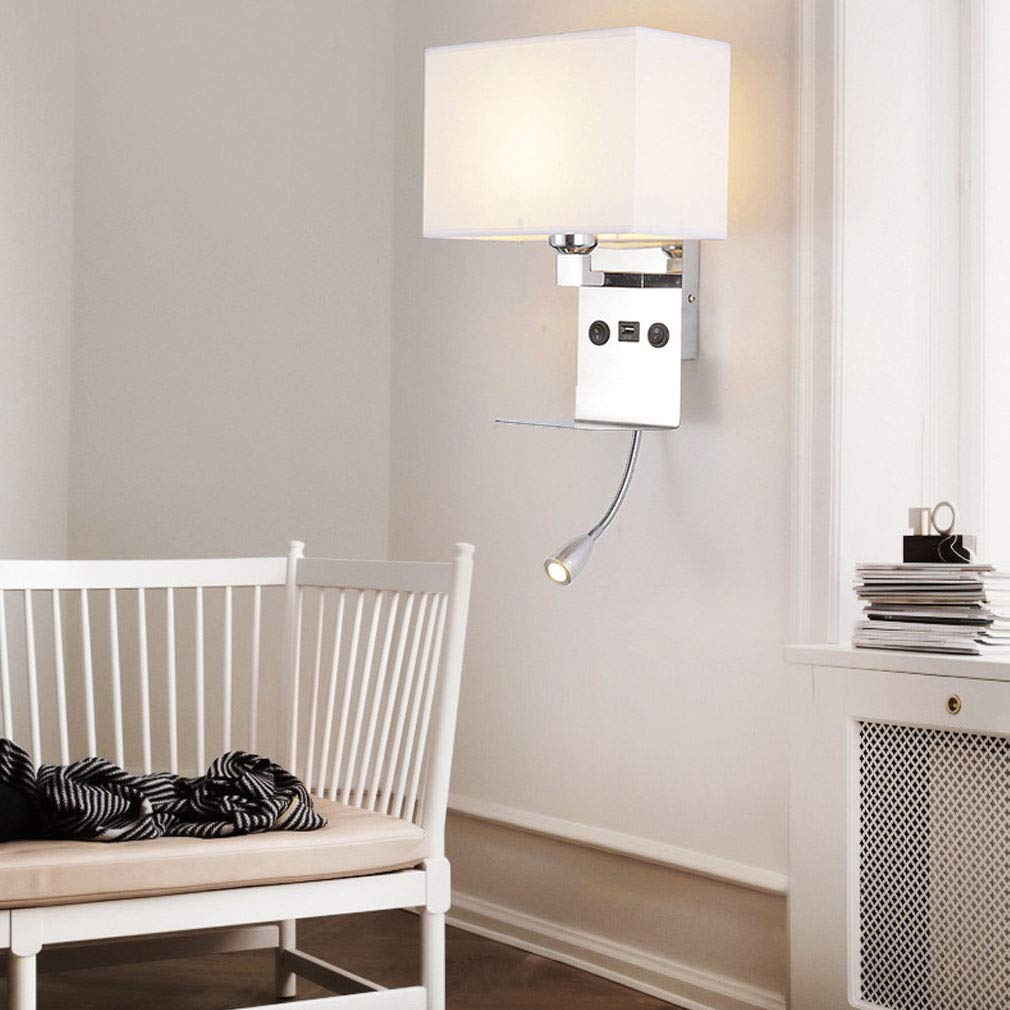 Nowoczesna lampa ścienna z portem USB i 3 W LED regulowana ciepła biała lampa do czytania, oświetlenie materiałowe, gniazdo E27, przy łóżku, 2 przełączniki, stylowa do sypialni (biała)