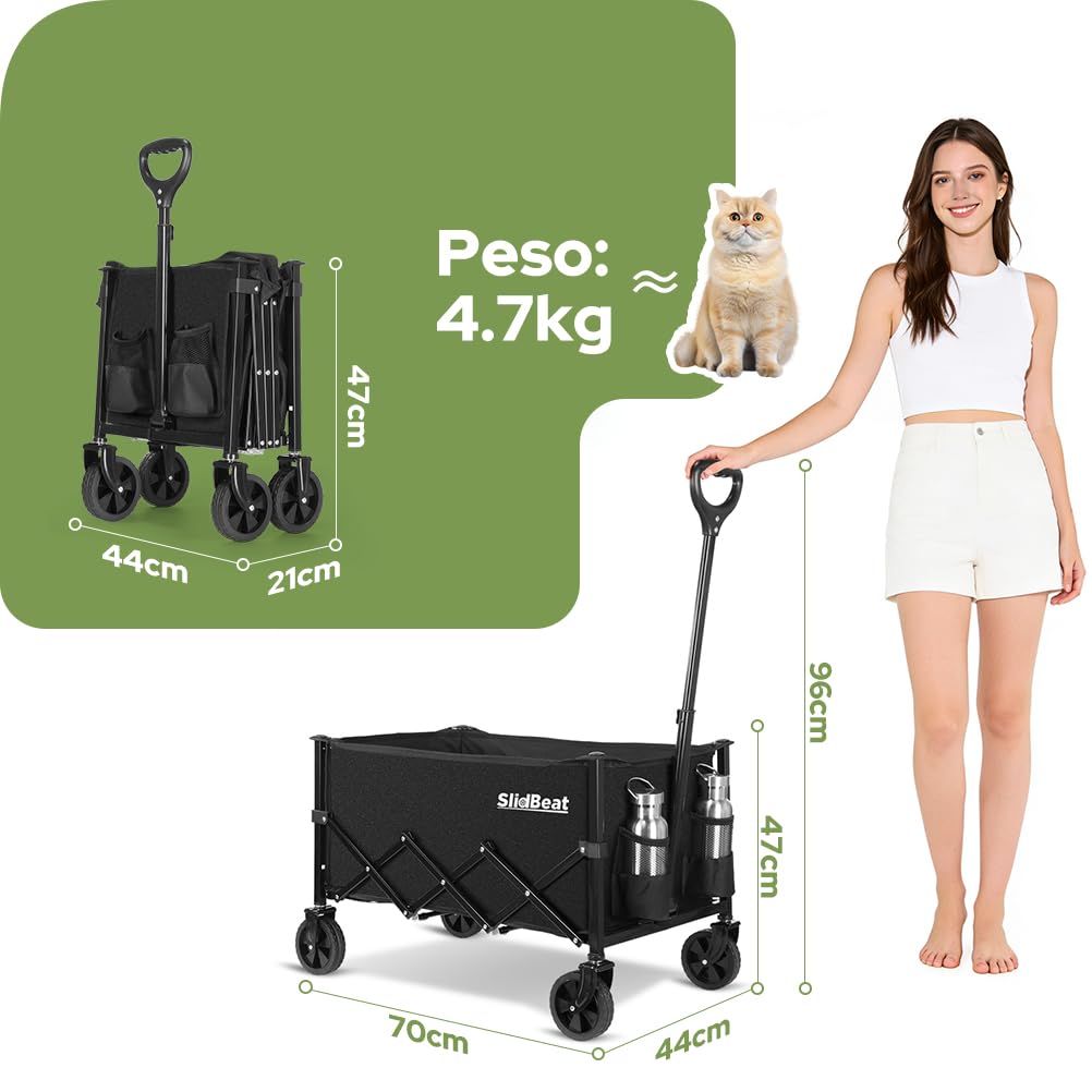 SLIDBEAT - Carrello Pieghevole 120L, Carrello da Campeggio Portatile 100kg, Carrellino Spiaggiacon Maniglia Regolabile Adatto a Tutti i Terreni