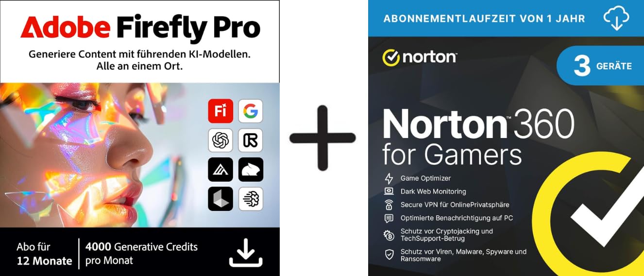 Adobe Firefly Pro inkl. Express Premium & Photoshop Web/Mobile, 12 Monate + Norton 360 for Gamers 2026 | 3 Geräte | 1-Jahres Abonnement mit automatischer Verlängerung | Aktivierungscode per Email