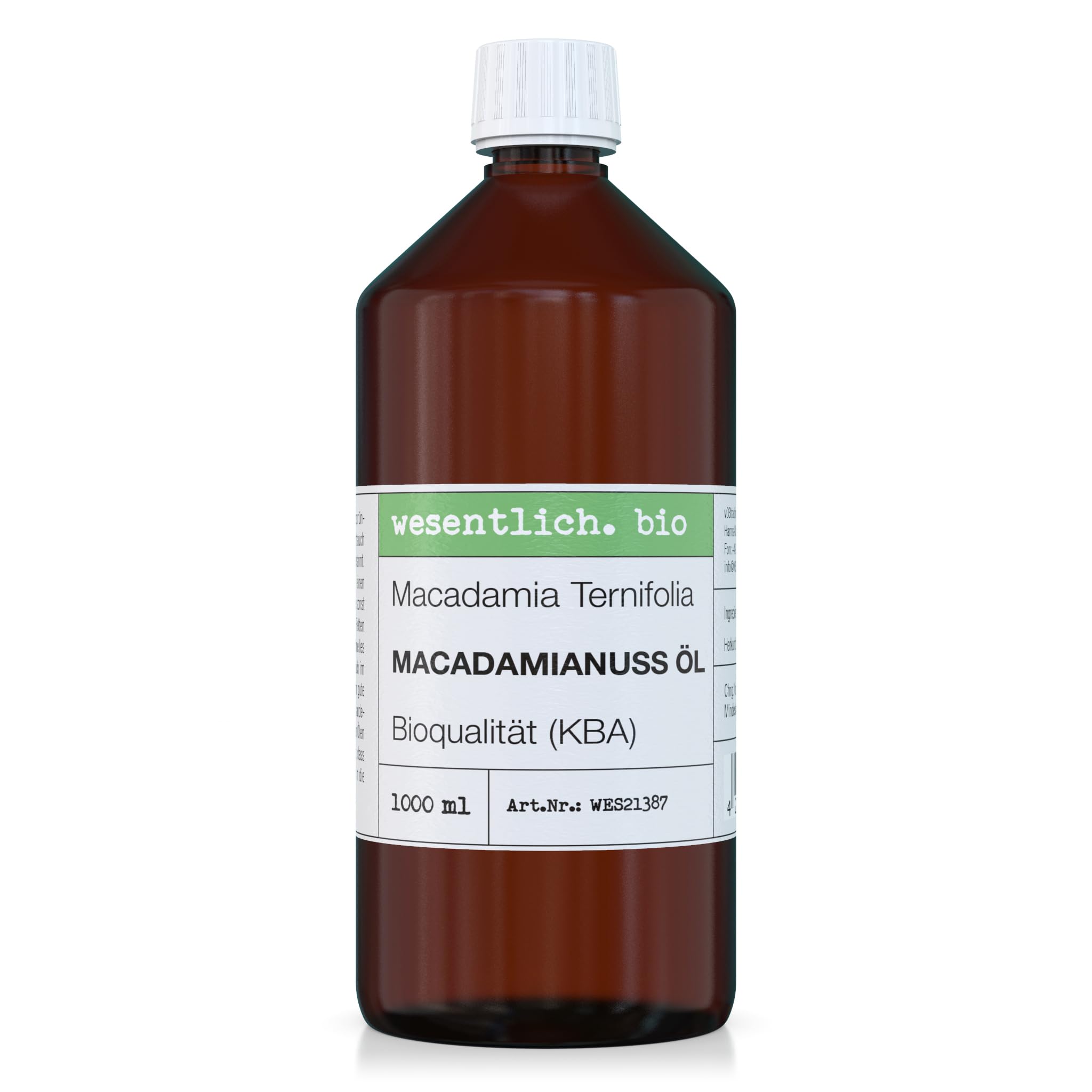 wesentlich. Aceite de nuez de macadamia orgánico prensado en frío, 100% puro para piel, cabello y masaje, vegano y sin aditivos, 1000 ml en botella de cristal ámbar