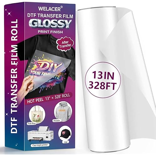DTF Transfer Film Roll, 13" x 328ft – Glossy Transfer Finish, Double-Sided Coated PET Film, Hot & Cold Peel Compatible