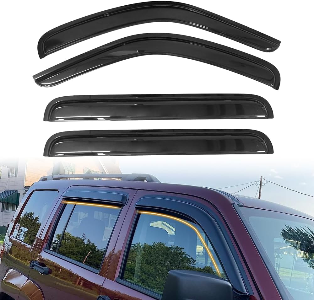 Tape on Window Visor Deflectors, Compatible with 2008-2014 Jeep Liberty, Acrylic Smoke Tinted Slim Style Window Rain Guards, Sun Wind Side Vent Visor Set, 4 Pieces