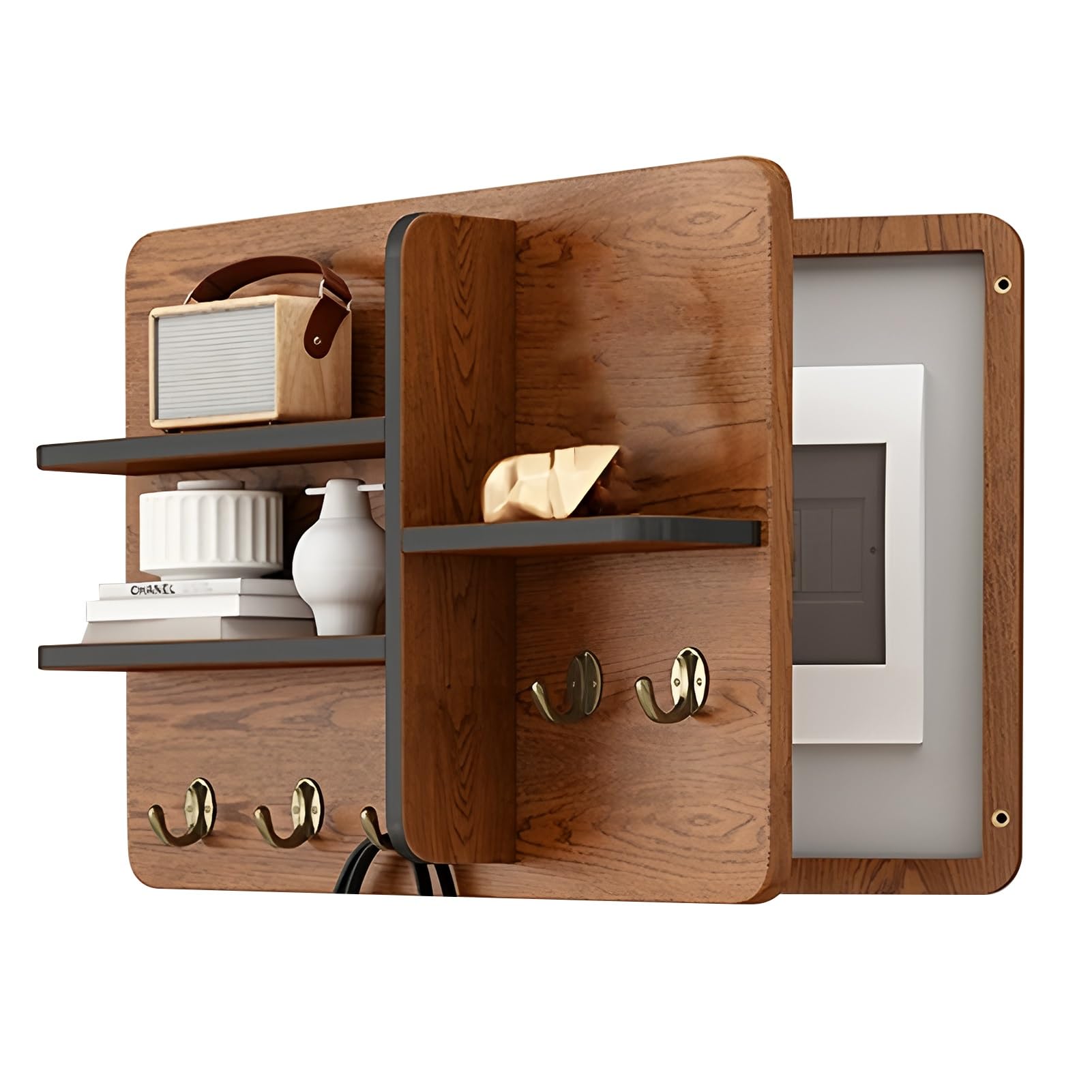 Indoor Fuse Box Cover with Hooks, Solid Wood Electrical Panel Cover and Breaker Box Cover with Shelf for Entrance Corridor, Hide Electrical Panel Non-cracking(Brown,50x40cm/19.68x15.74in)