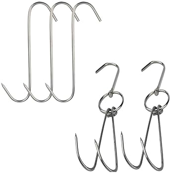 TIHOOD 2pcs Stainless Steel Duck Hooks + 3pcs S-Hooks for Bacon Hams Meat Processing Butcher Hook Hanging Drying BBQ Grill Cooking Smoker Hook Tool