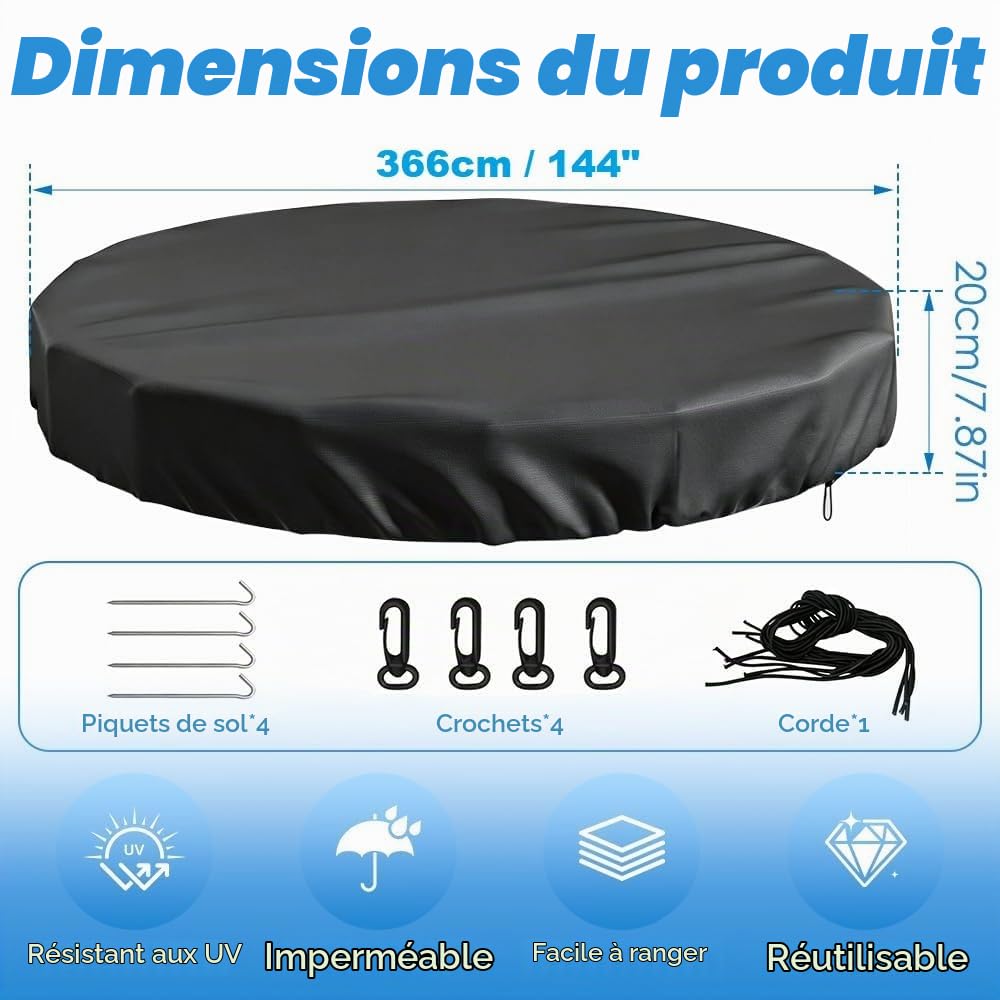 Bâche de piscine ronde - 366 cm - Avec cordon de serrage et clous de sol - Bâche de piscine ronde - Coupe-vent - Imperméable à la pluie - Résistante à la poussière - En tissu Oxford
