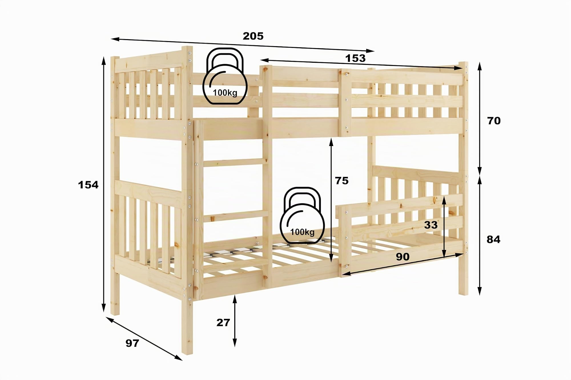 Interbeds Letto a Castello 90x200 Legno Pino Naturale con Scala e Rete - Letto Bambini 2 Persone divisibile in 2 Letti Singoli (90x200 Kaspar)
