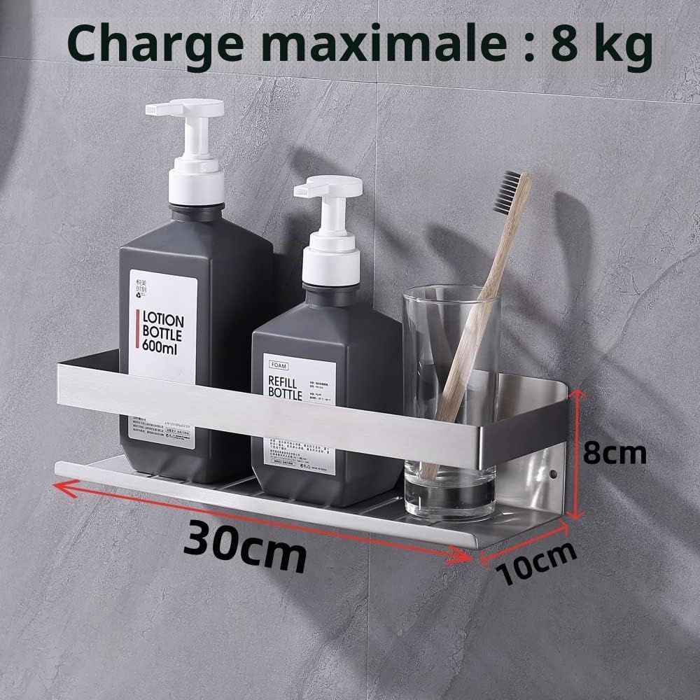 Étagère de Douche sans Perçage, Étagère de Douche Auto-adhésif,SUS304 Acier Inoxydable Adhésive Panier de Douche Nickel Brossé 30CM