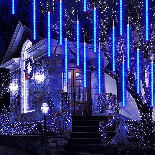 CGUOZI Météor Douche Goutte De Pluie Lumières, 50cm 8 Tubes 384 LEDS Imperméable Neige Chute Lumières pour Noël Halloween Jardin Arbre Décor Bleu Cover