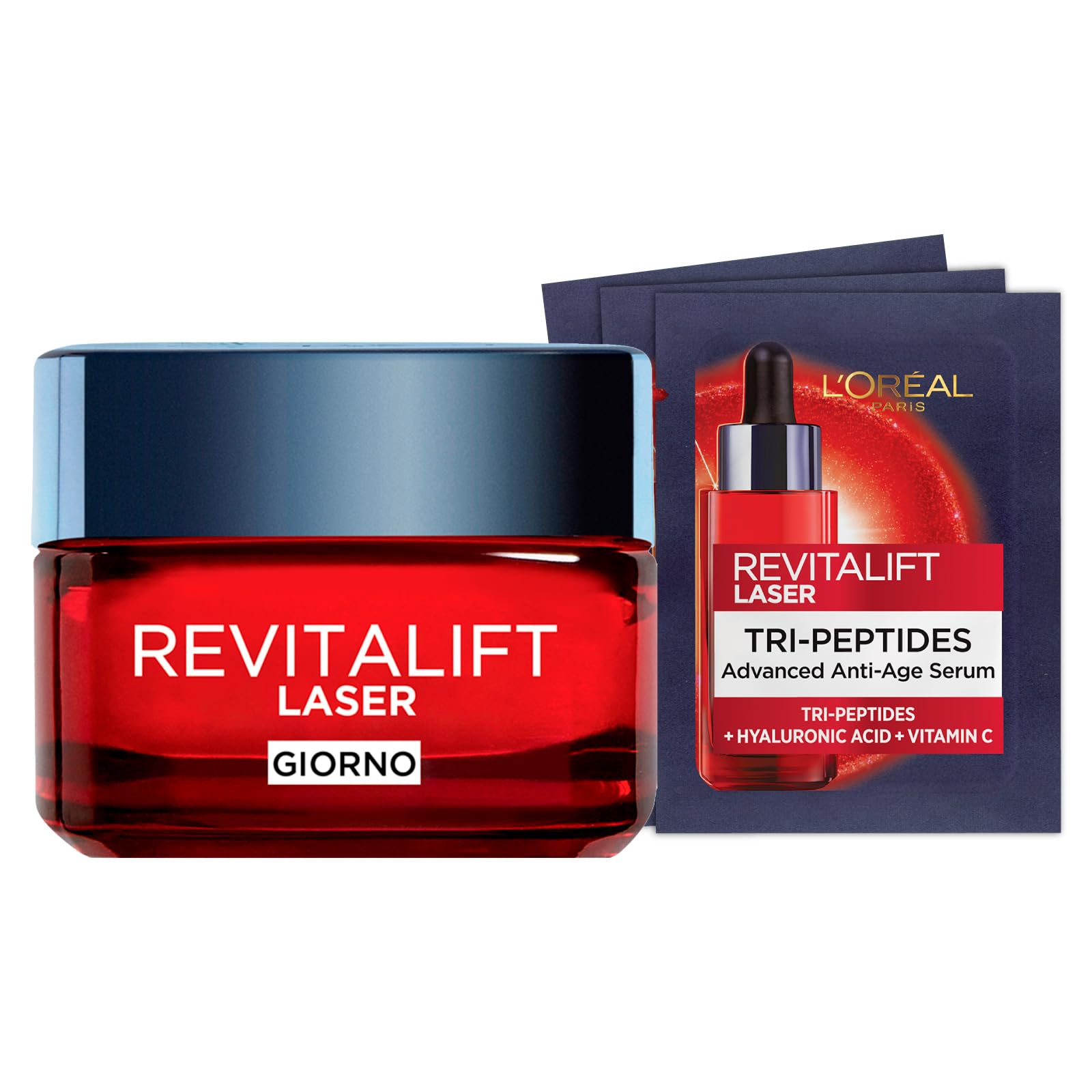 L’Oréal Paris Revitalift Laser Crema Anti-Età Tripla Azione con Pro-Retinolo Acido Ialuronico e Vitamina C 50ml + Revitalift Laser Siero Tri-Peptidi Anti-Età Bundle Routine - Set da 5