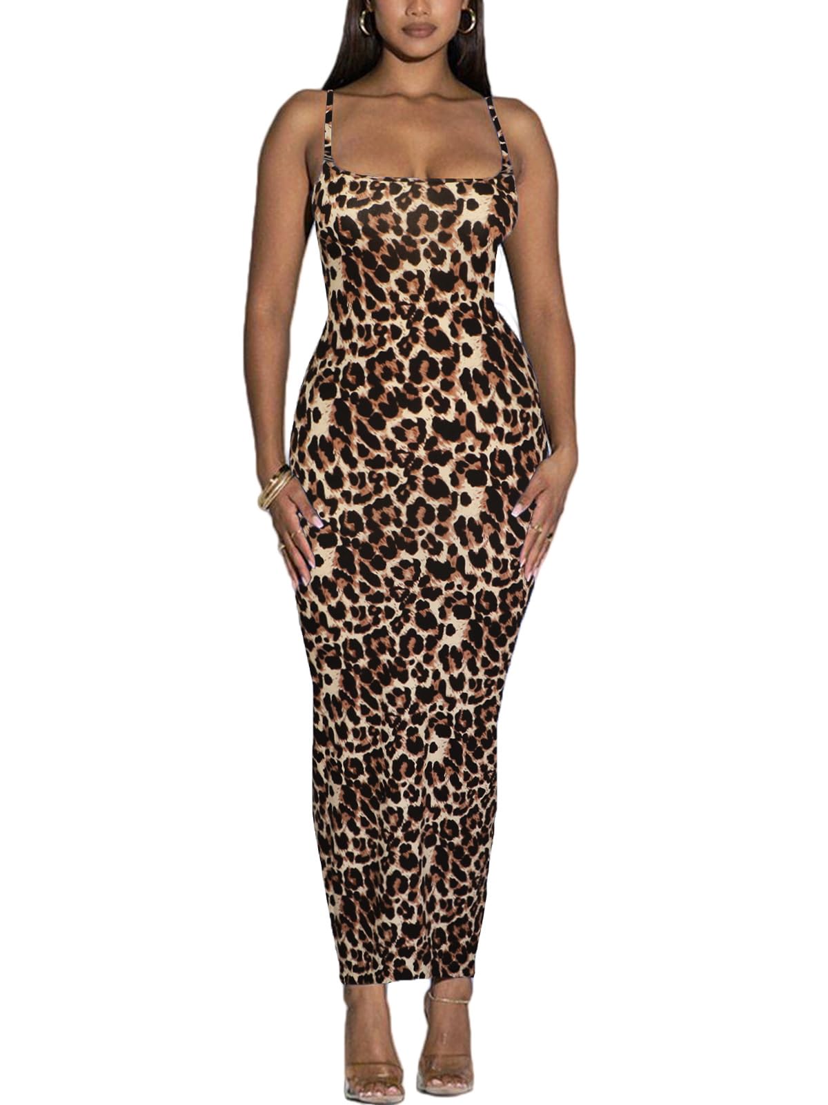 Women's Spaghetti Strap Bodycon Dress - Summer Casual Maxi Club Party Long Tight Slip Dresses