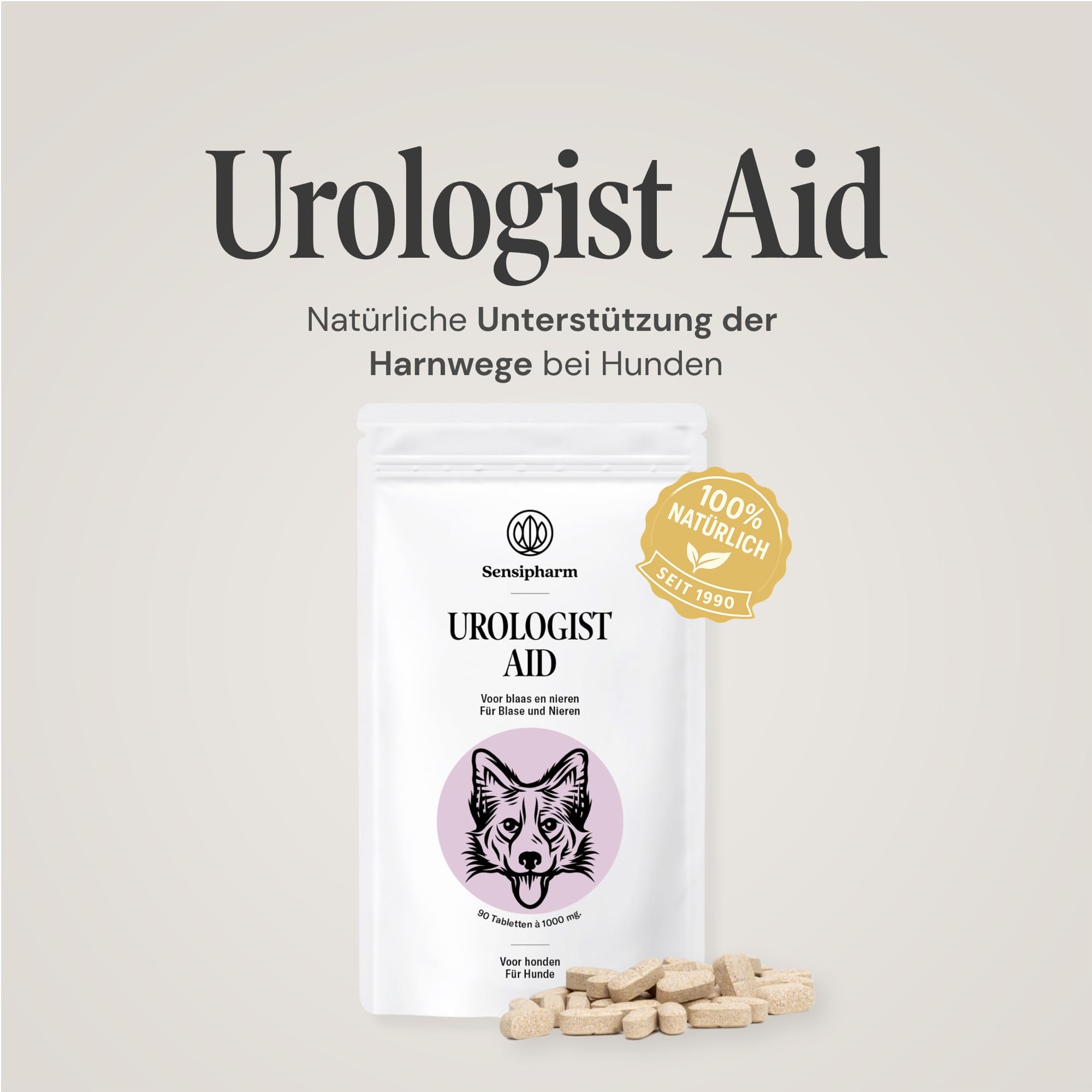 Urologist Aid - Harnwegshilfe für Hunde bei Blasenentzündung, Struvit & Blasengries - pflanzliches Nahrungsergänzungsmittel zur Unterstützung von Blase & Harnwegen - 90 × 1000 mg - Sensipharm