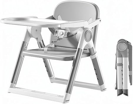 UBRAVOO 3-in-1 Portable Booster Seat Dining, Adjustable Foldable High Chair with Double-Layer Dinner Plate, Convertible High Chair for Babies with Eat & Play 6 Months Plus Grey