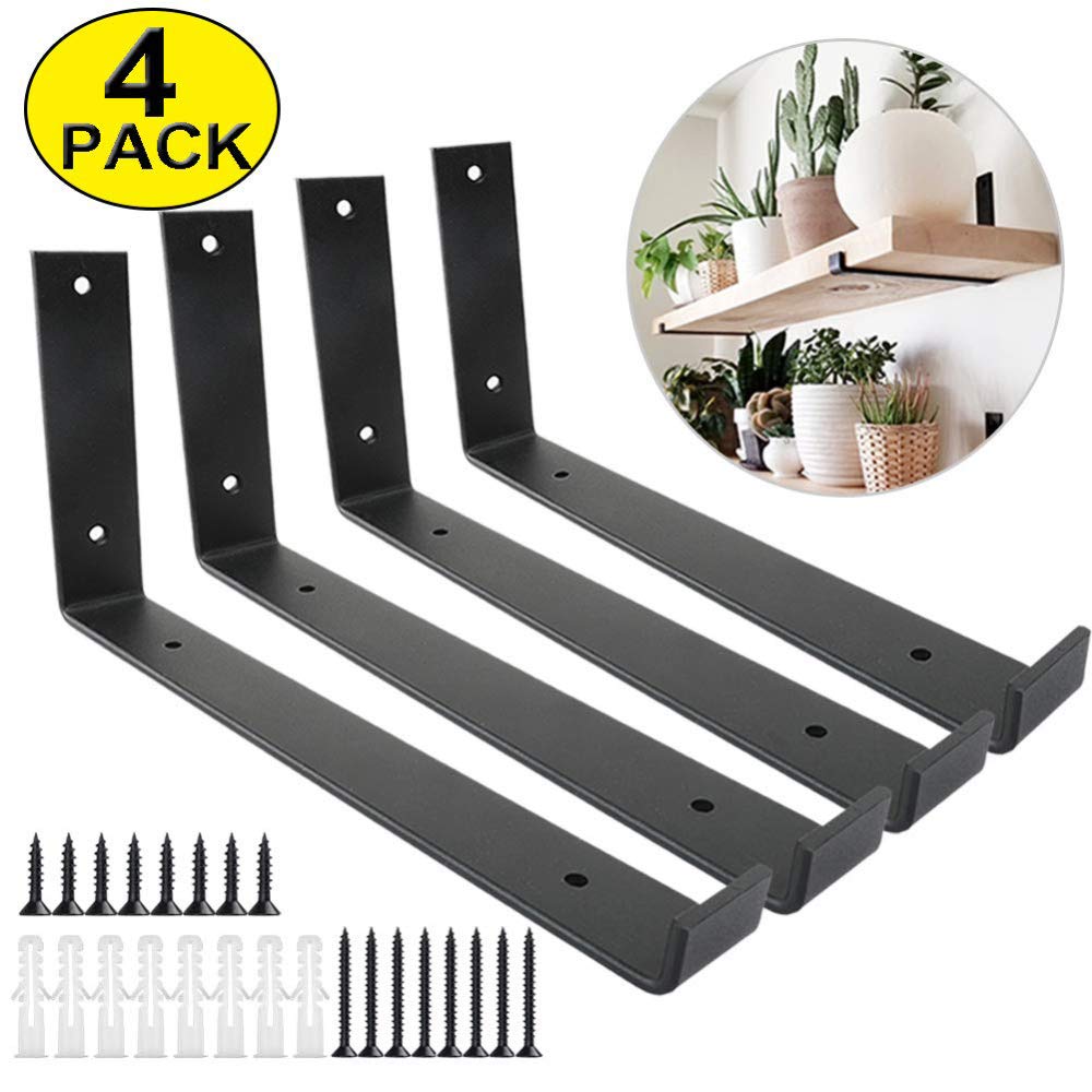 Shelf Brackets 12 Inch 4PCS Heavy Duty Black Wall Bracket with Lip for Floating Shelves Rustic Iron Metal Shelf Bracket for DIY Open Shelving Hardware Included