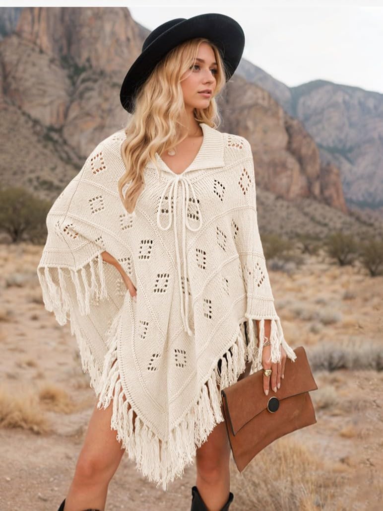 Women Fringe Poncho Cape Knit Hollow Out Shawl Wrap Soft Oversized Sweater Top Fashion Boho Western Country Outfits - Image 5