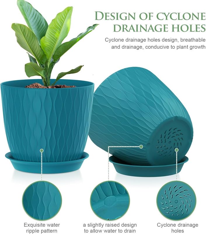 Image of StyleX Store Plastic Round Flower Pots With Drainage Hole Saucers | Durable Outdoor Indoor Wave Pattern Planters with Tray | Plant Container for Garden, Office, Balcony and Home (Set of 5, Blue Green)