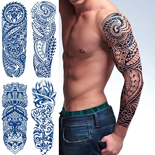 Kotbs 4 Sheets Juice Ink Full Arm Temporary Tattoos Sleeve, Semi Permanent Tattoos Stickers Lasts 1-2 Weeks, Waterproof Realistic Look that Fades Naturally Plant-Based Ink