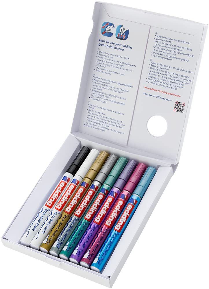 edding 751 Glanzlackmarker Set - schwarz weiß gold silber blau grün violett pink (metallic) - 8 Stifte - Rundspitze 1-2mm - Lackstift für Glas Stein Holz Kunststoff Papier - wasserfest, stark deckend