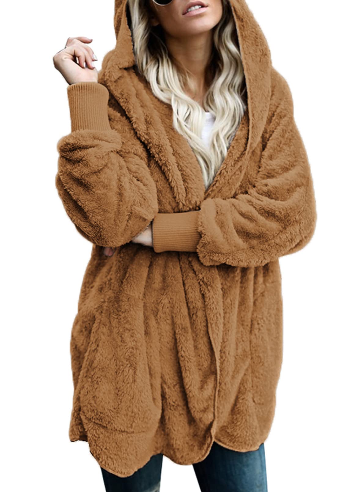 Dokotoo Womens 2025 Winter Long Sleeve Solid Fuzzy Fleece Open Front Hooded Cardigans Jacket Coats Outerwear with Pocket