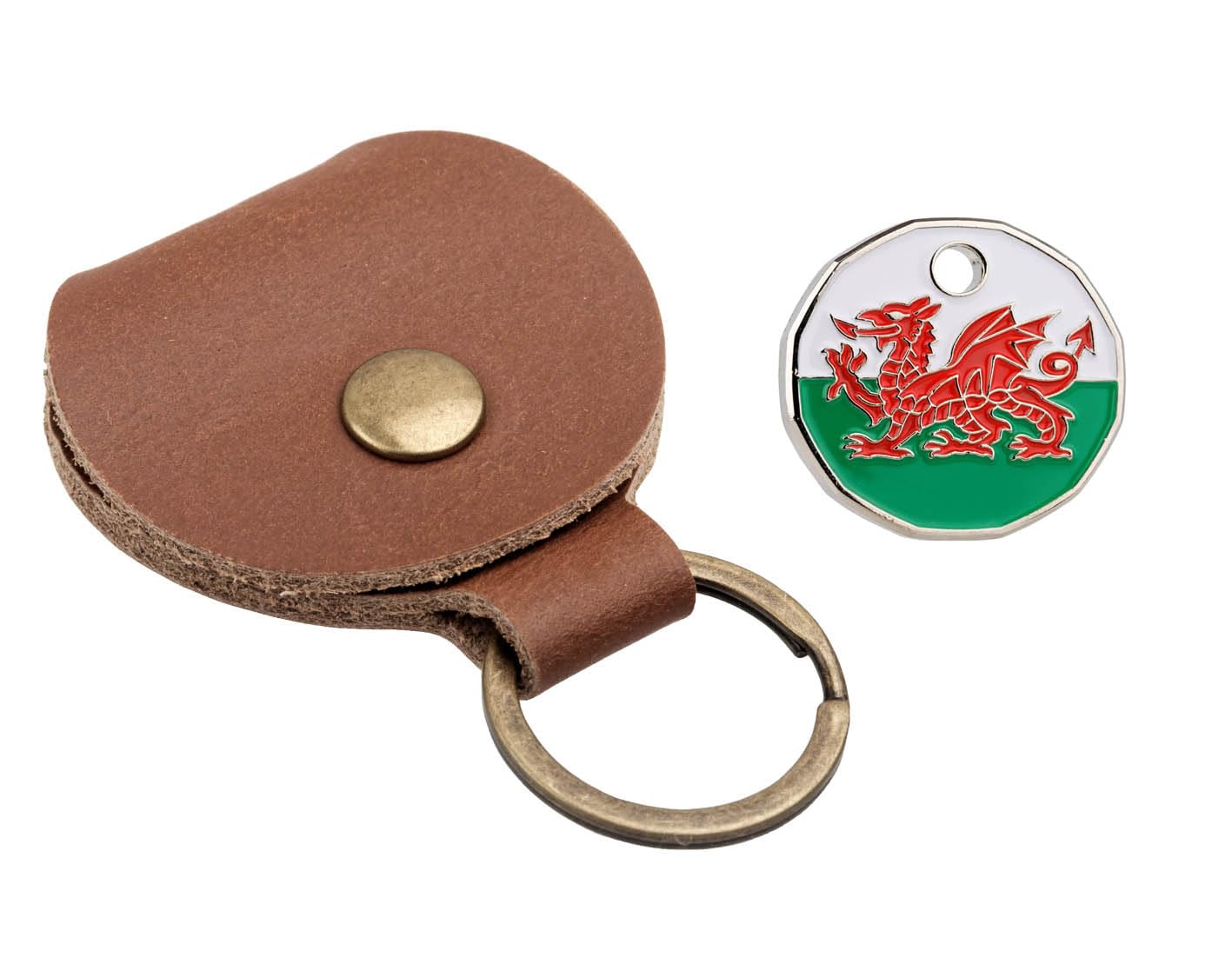 Harts Genuine Tan Leather Pound Pouch with a Trolley Token of your selection Fob Keyring Pound Pouch Keychain Key Ring Holder (Welsh)