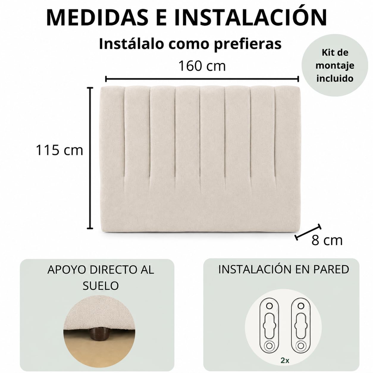Siesta & Co Cabecero de Cama 160 cm Tapizado Dante, Espuma de Alta Densidad de 10 cm, Tejido Lavable, Montaje en Pared o Uso sin Instalación, Fabricado en España, Color Beige
