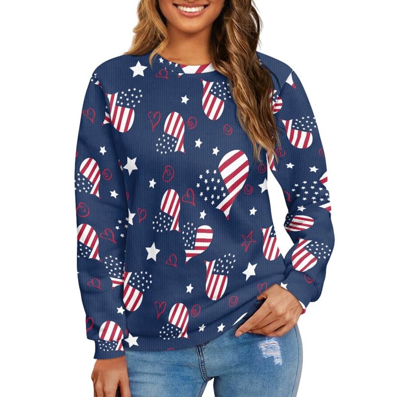 Jndtueit USA Flag Women's Crew-Neck Pullover Sweater, American Independence Men's Winter Thermal Pullover Tops Shirts, 4th July Long Sleeves Loose Fit Tops