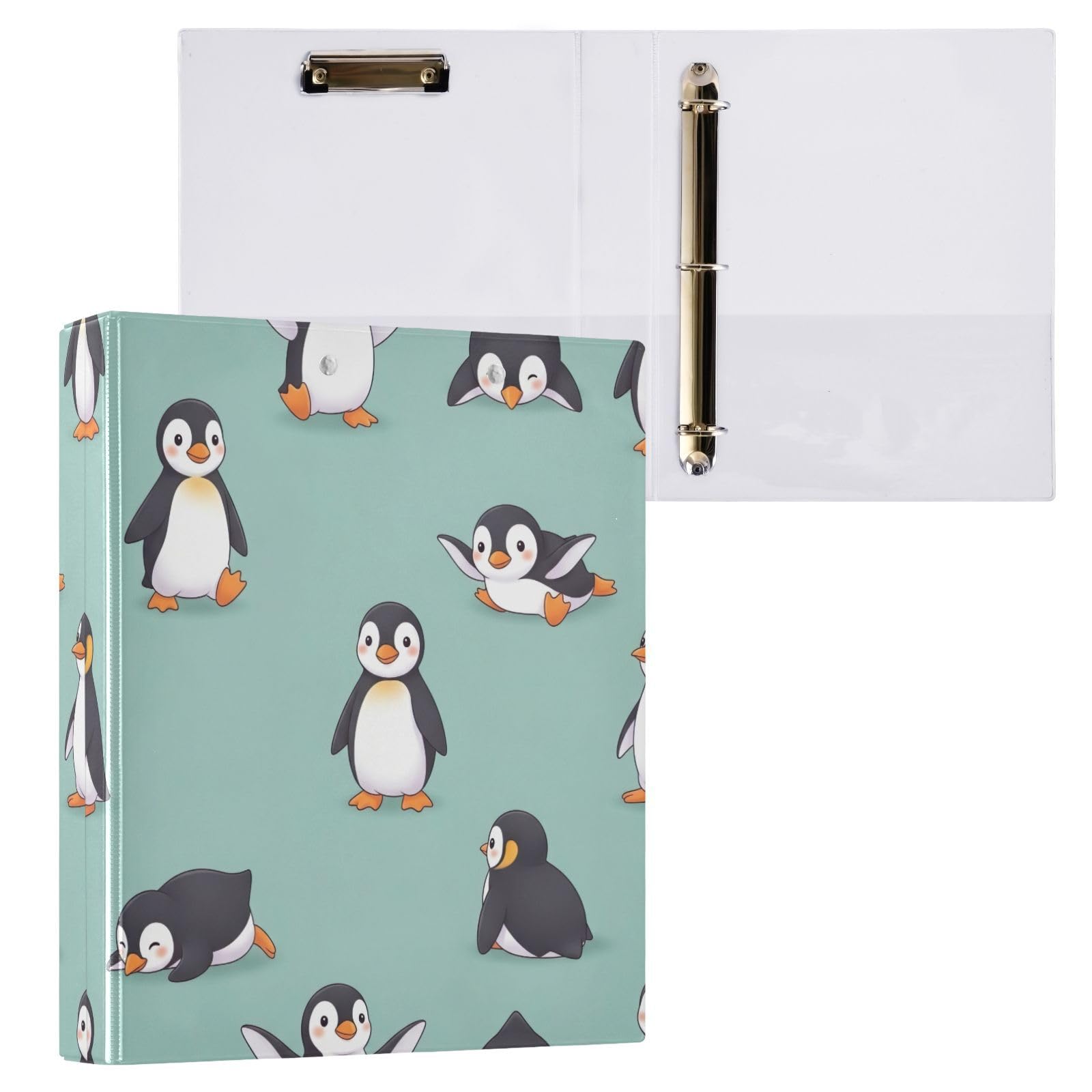 Raccoglitore a tre anelli con pinguini in stile cartone animato, 3,8 cm, con portablocco grande, 3 raccoglitori per scuola, università, ufficio (confezione da 2)