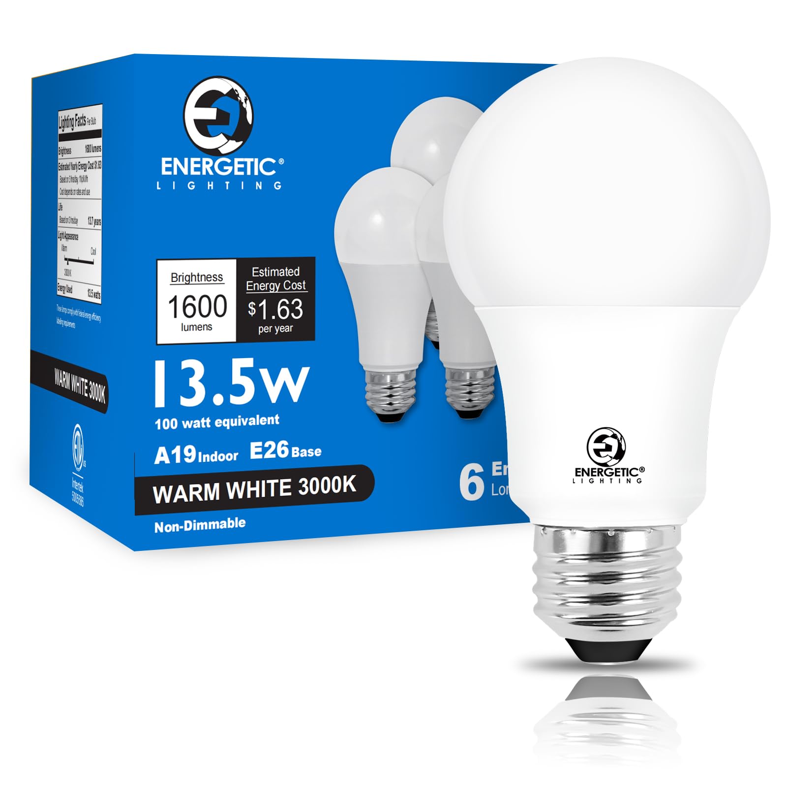 E ENERGETIC LIGHTING LED Light Bulbs 100 Watt Equivalent, Warm White 3000K, 1600LM Super Bright, Non-Dimmable A19 LED Light Bulbs, E26 Standard Base,