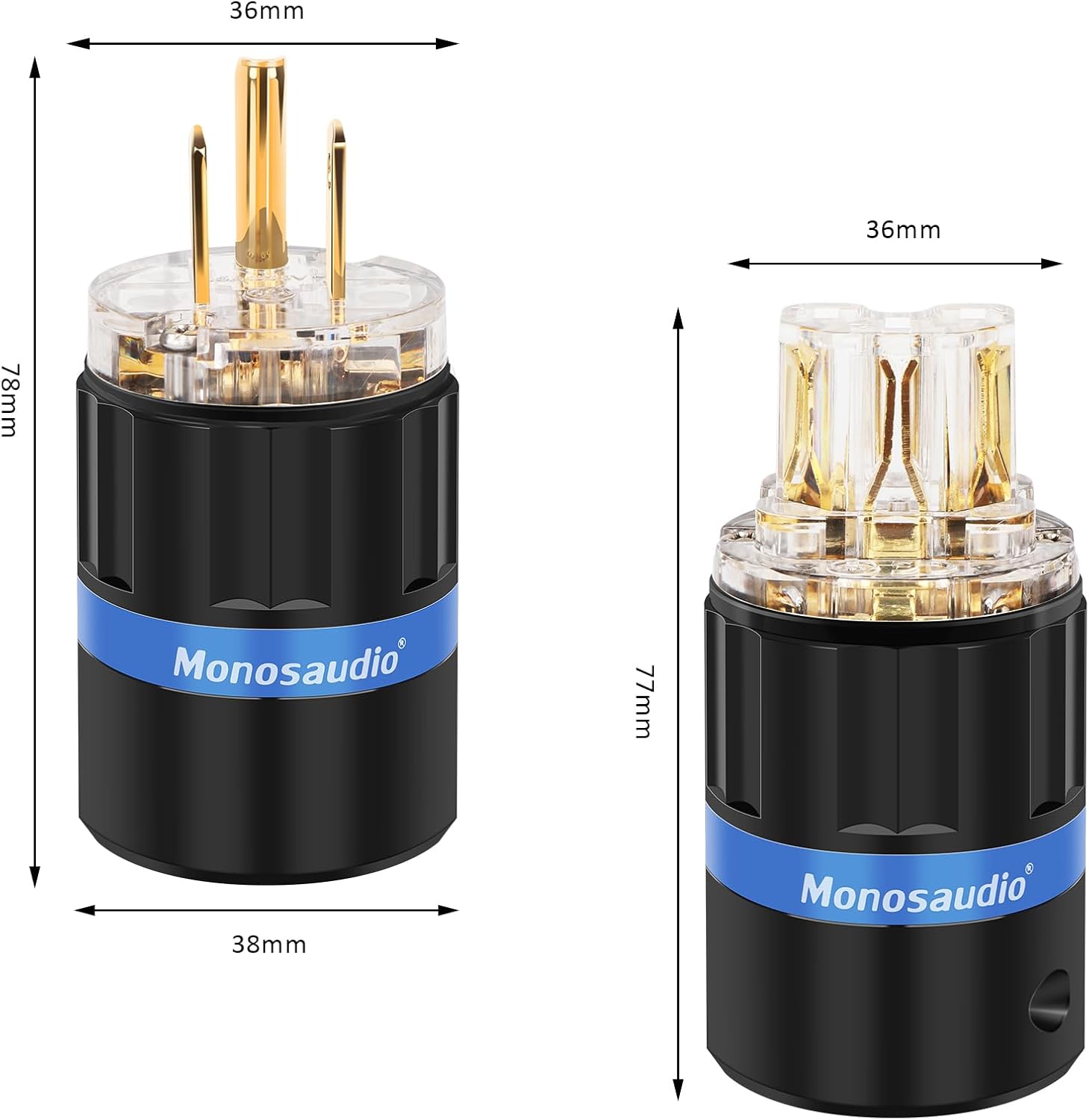 Monosaudio HiFi Power Plug Pure Copper 15A/125V 10A/250V IEC C13/C15 Power Connector Hi-end Audio Power Plug for DIY Audiophile Power Cord HiFi Audio AC Power Cable(Gold Plated)（M105G/F105G）