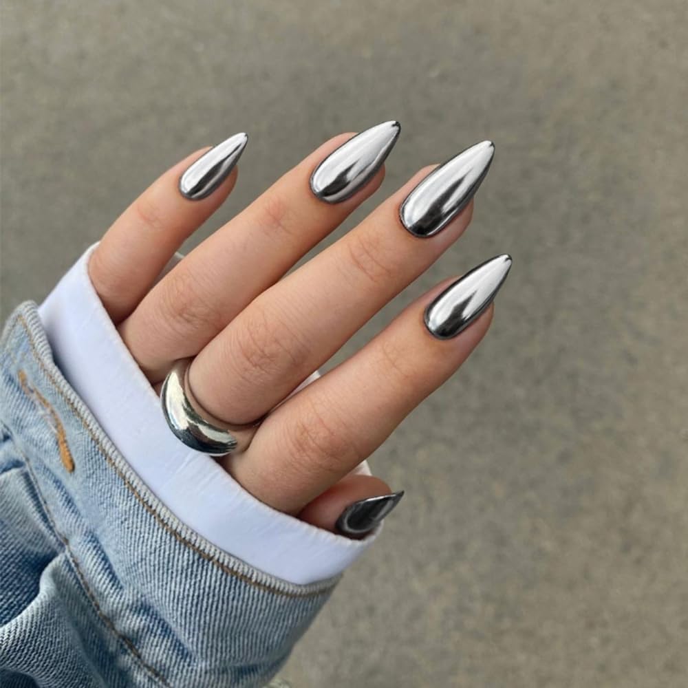 KQueenest Chrome Sliver Press on Nails Almond Medium Glitter Metallic False Nails Medium - Image 4