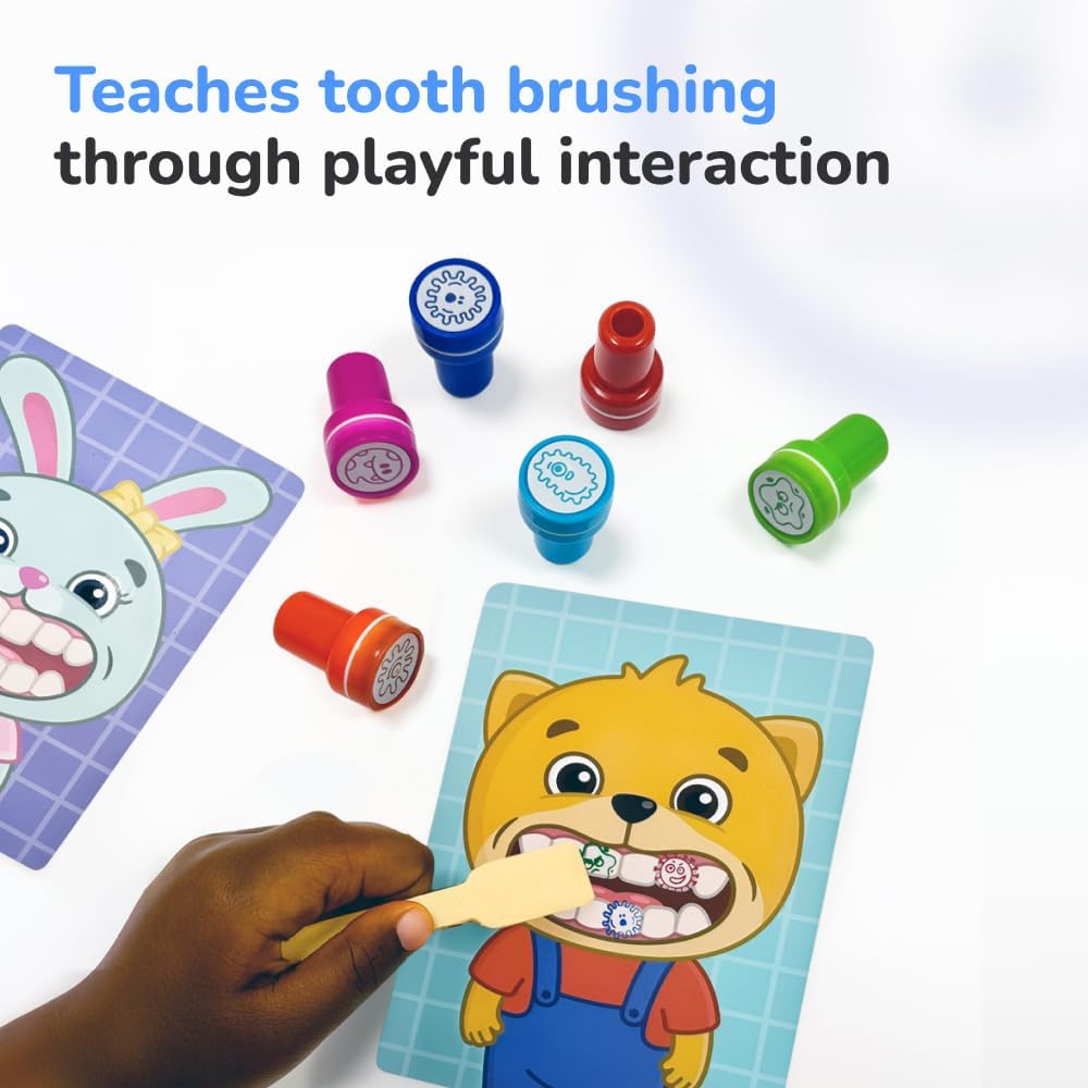 Bimi Boo Tooth Brushing Toy for Toddlers 2-4 – Montessori Dentist Kit for Kids, Teeth Cleaning Toy, Dental Hygiene Learning Set, 8-Piece Playset with 6 Tooth Monster Stamps, Marker & Toothbrush