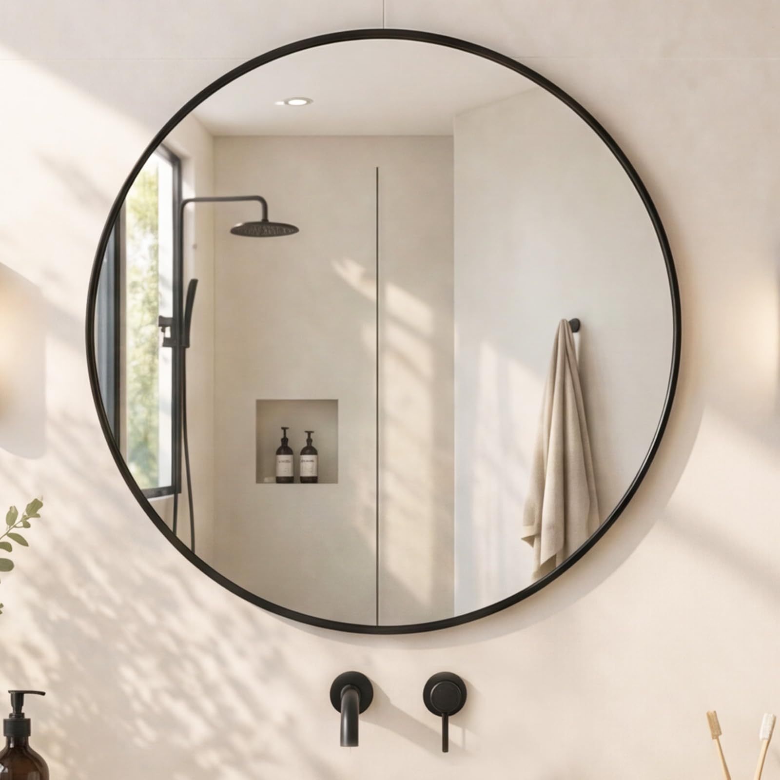 Yezi Black Round Wall Mirror, 60 Cm Bathroom Mirror For Wall, Aluminium Alloy Frame Decorative Circle Mirror Dressing Mirror For Bathroom, Bedroom, Hallway, Living Room,