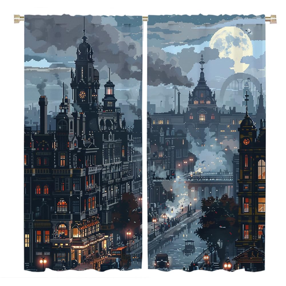 Rustic Gothic Moon City Blackout Curtains Abstract Anime Theme Steam Mechanical Industrial City Blackout Curtains for Living Room Bedroom Etc. 2 Panels 45" L x 21" W