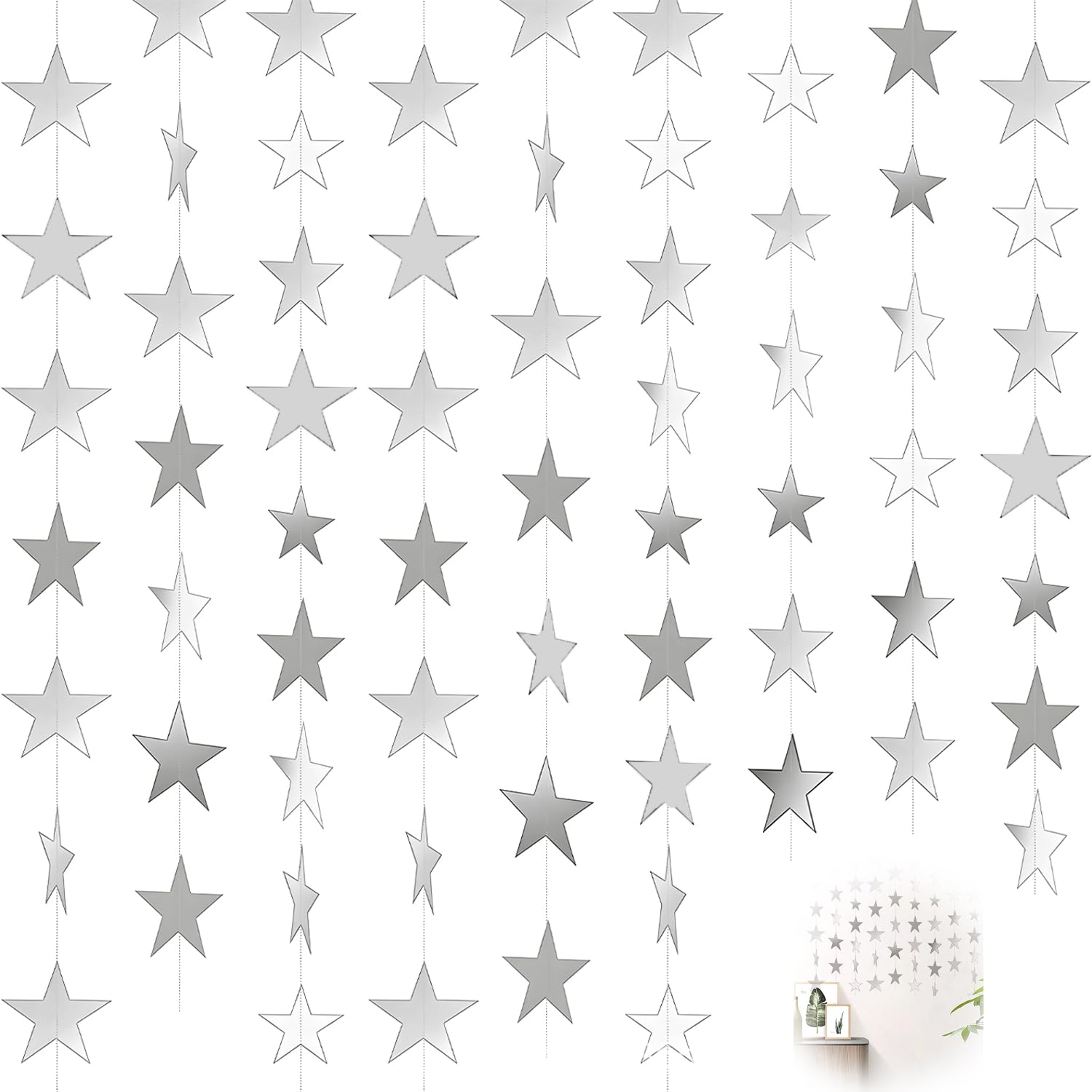 4 PCS 52 Feet Reflective Star Paper Garland, Paper Garland Decorations Glitter Star Banner Silver Hanging Decoration for Wedding Bridal Baby Showers Birthday Christmas Party Holiday Ceiling Decoration