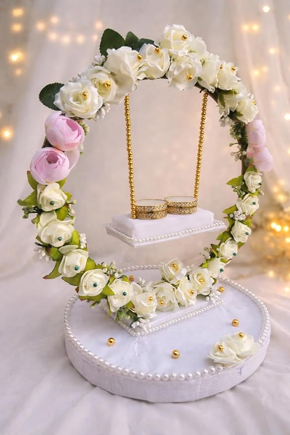 Engagement Ring Platter with Floral Arch, White and Pink Decorative Flowers, Round Frame 11 Inch Height, Hanging Ring Holder for Ring Ceremony.