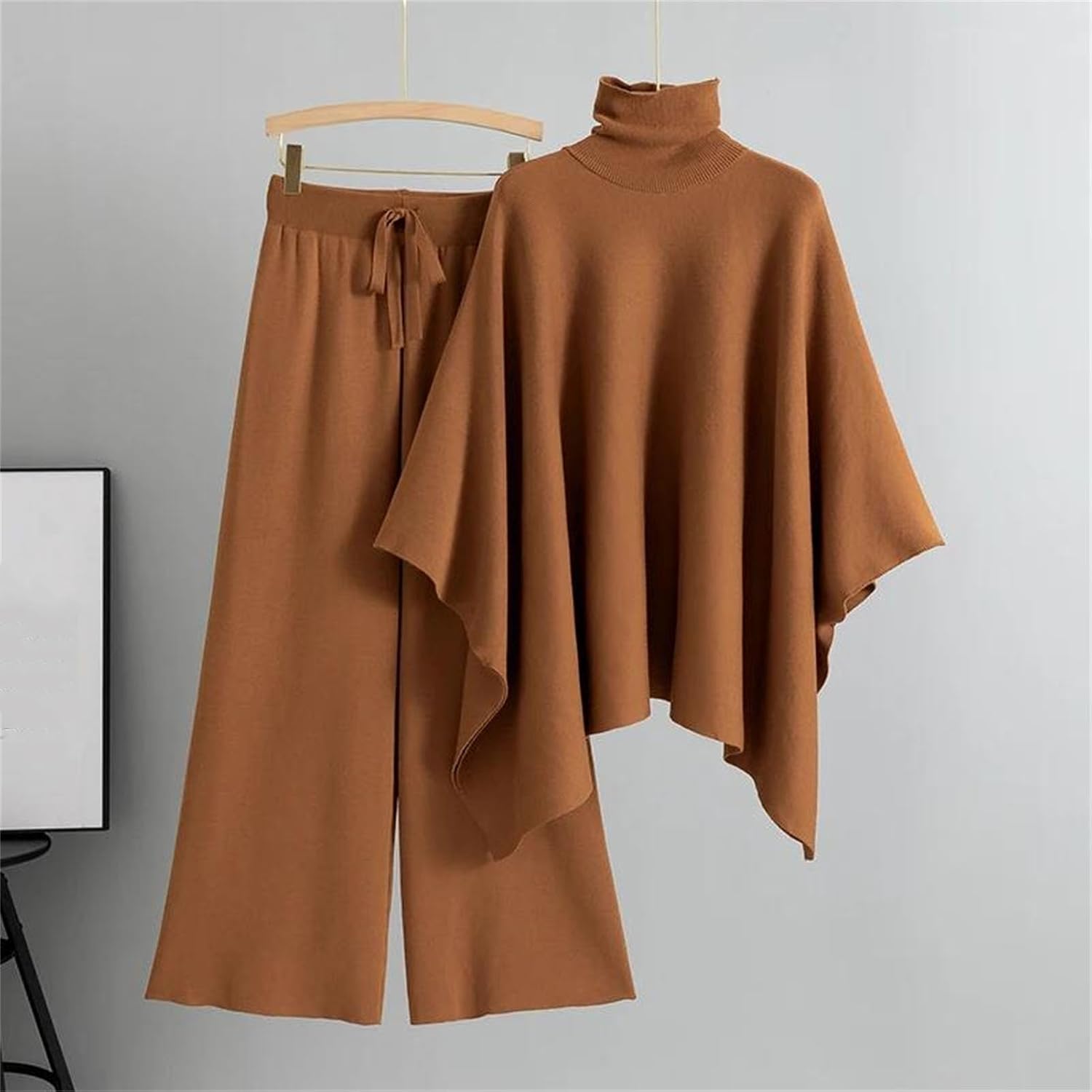 Women's High Street Loose Fit Turtleneck Batwing Sleeve Pullover with Sash and Wide Leg Pant Set