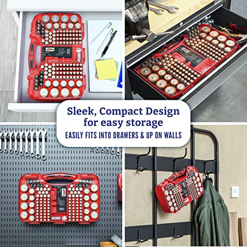 Image of Battery Organizer Storage Case with Tester, Holds 180 Batteries, Clear Hinged Cover, Locking Lid - For AA, AAA, C, D and More, Red