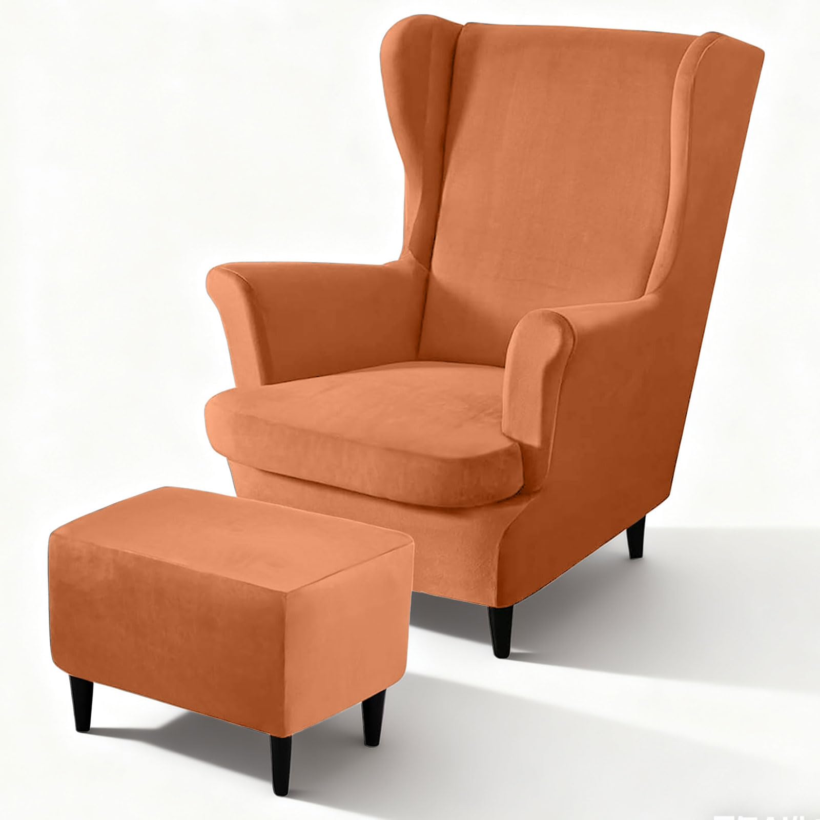 3-Teilig Samt Ohrensessel Überwurf mit Fußhockerbezug (ohne Stuhl), Stretch Samt Sesselhusse, Elastischer Schonbezug Stuhlbezug Hohe Rückenlehne für Sessel, Waschbar (Apricot Orange)