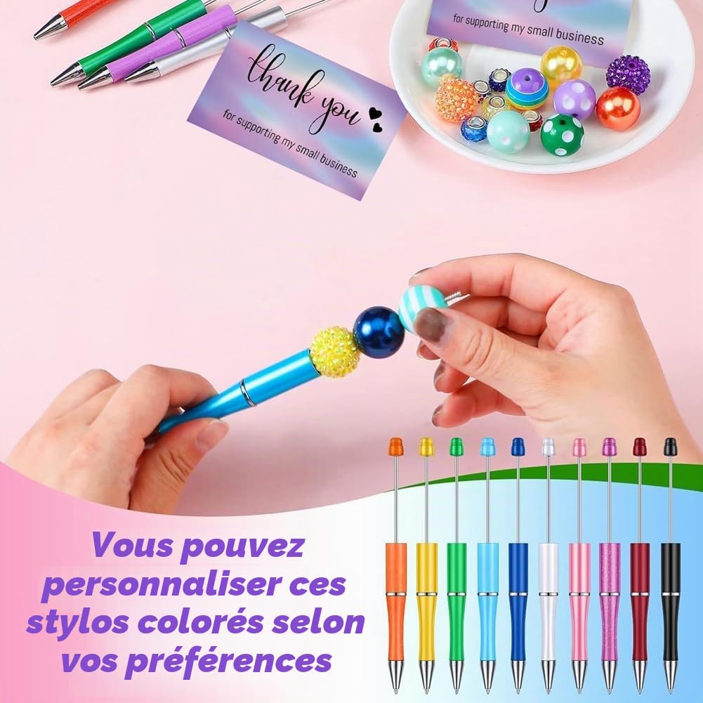 Lot de 150 stylos à perles en plastique et métal avec perles en plastique et grandes cartes de remerciement pour le bureau, l'école