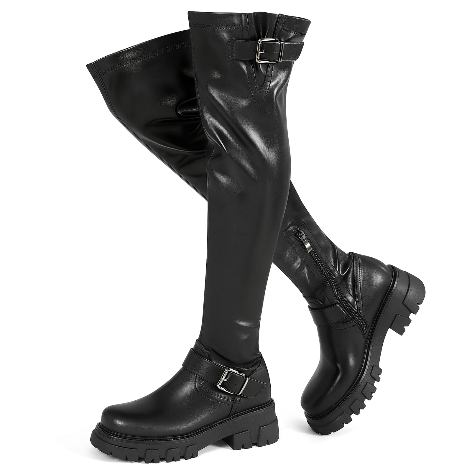 CouieCuies Womens Over The Knee Boots Thigh High Boots Black Platform Buckle Boot Lug Sole Comfortable Stretch Long